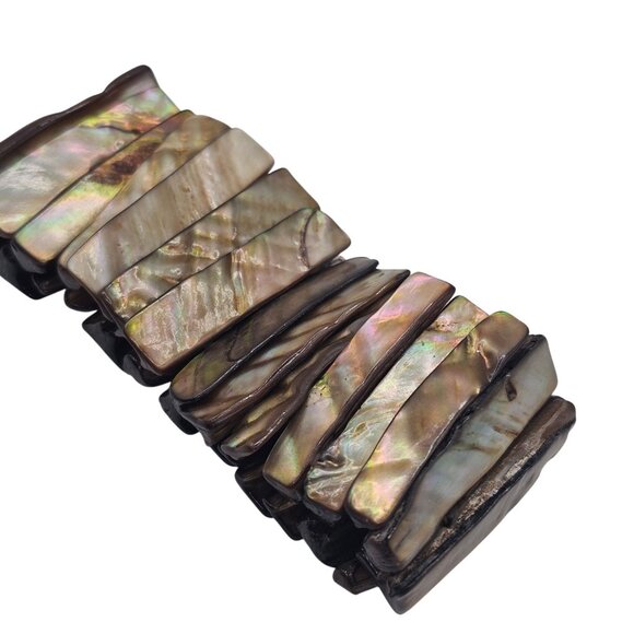 Women's Arm Wristlet Wide Iridescent Abalone Shell Stretchy Bracelet Jewelry - Picture 10 of 13